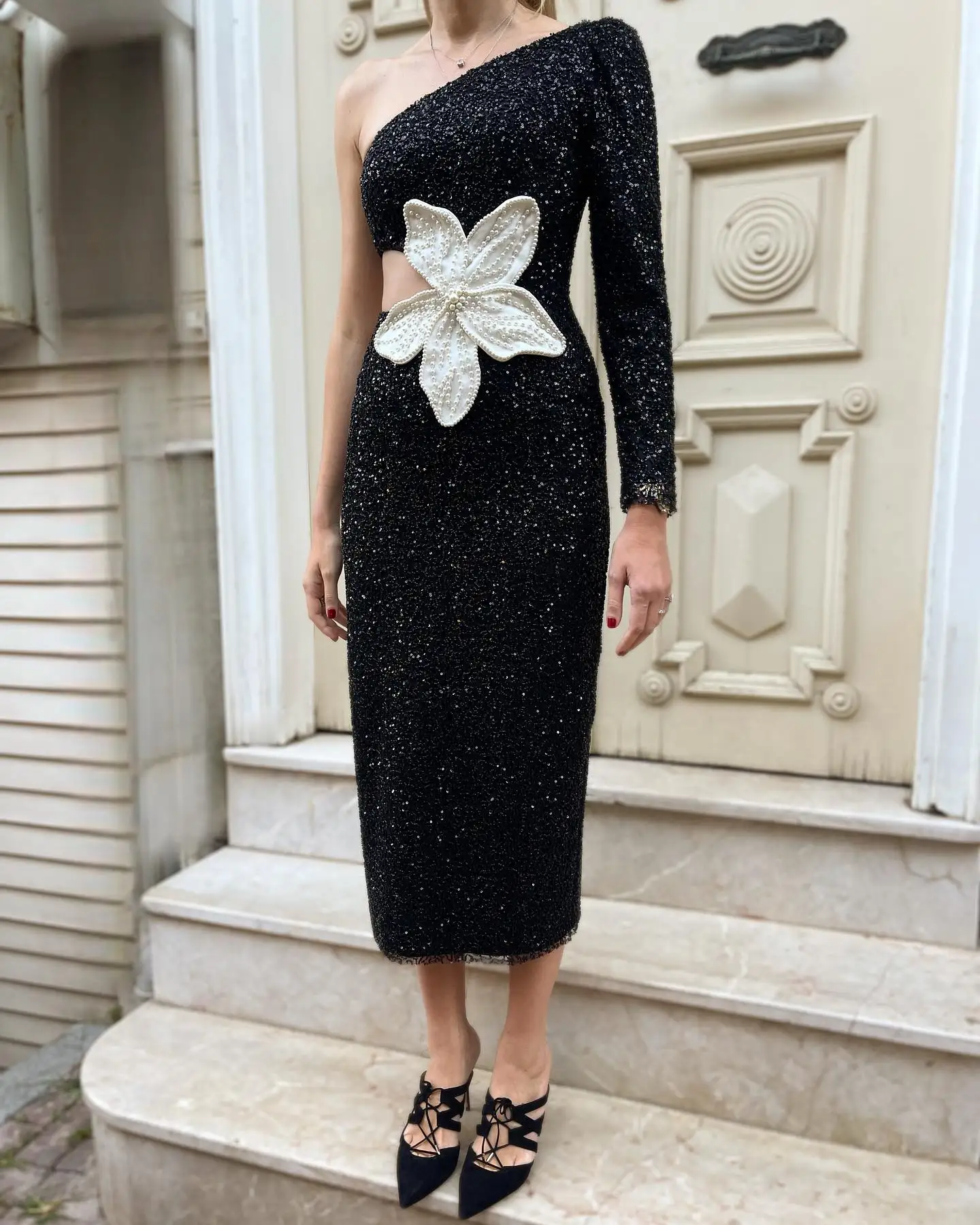 Aenyrst 3D Flower Prom Dress Women One Shoulder Sequins Party Evening Dresses Ankle Length Long Sleeve Formal Occasion Gowns