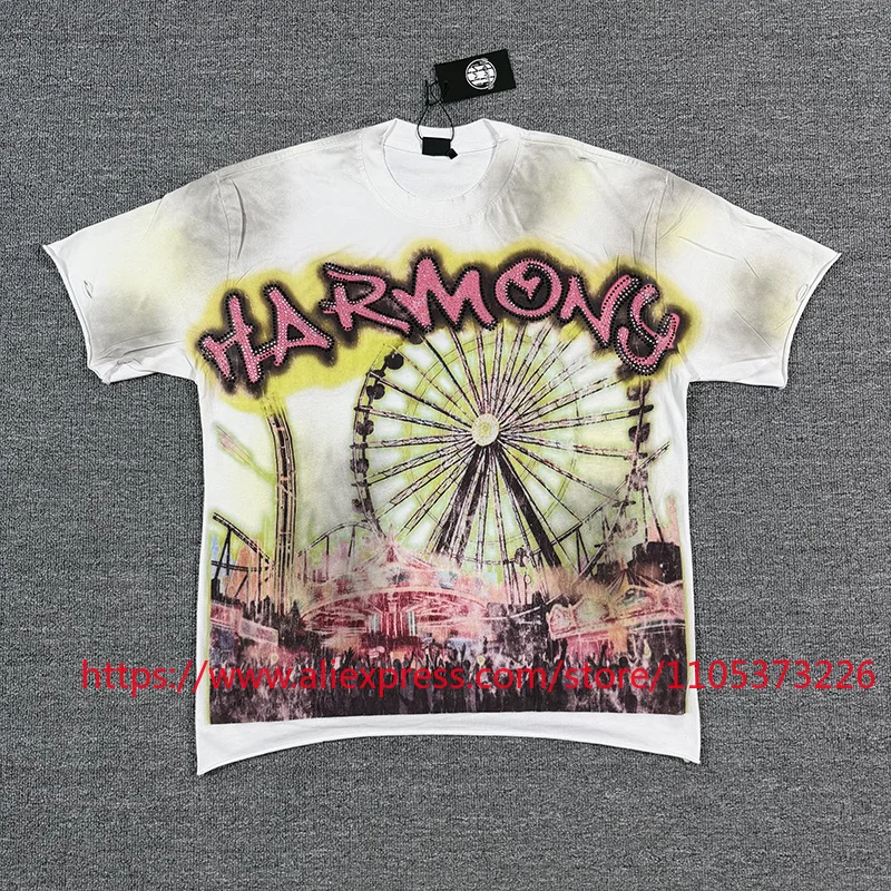 2026 New Arrival HARMONY Men's Oversized Washed T-Shirt Ferris Wheel Print Casual Streetwear Hip Hop Tee