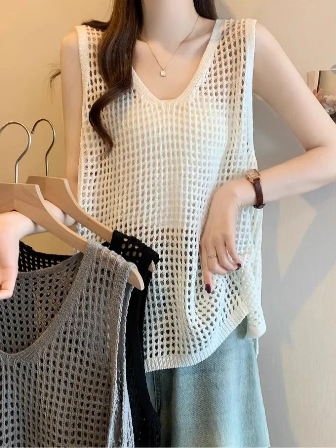 

Женский модный летний топ больших размеров: вязаная ажурная майка-жилетка из смесового полиэстера и вискозы