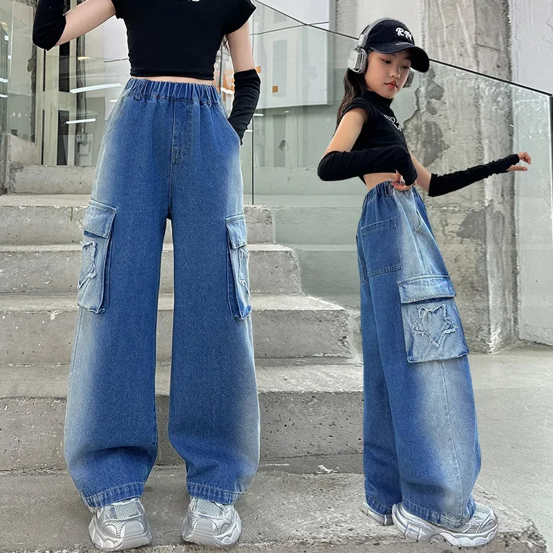 Girls Five-pointed Gradient Overalls Jeans Spring Teenagers Childen American Straight Leg Loose Wide-leg Pants Kids Trousers