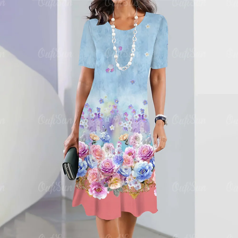 Vestidos Elegantes de manga corta para mujer, Top informal, vestido holgado de una línea, Jersey, ropa de flores sencilla