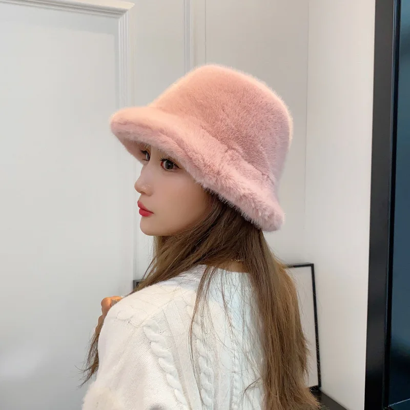 Rabbit Fur Bucket Hat for Women Fashion Autumn Winter Warm Thickened Fisherman Hat Russian Outdoor Hat Warm Trooper Trapper Cap