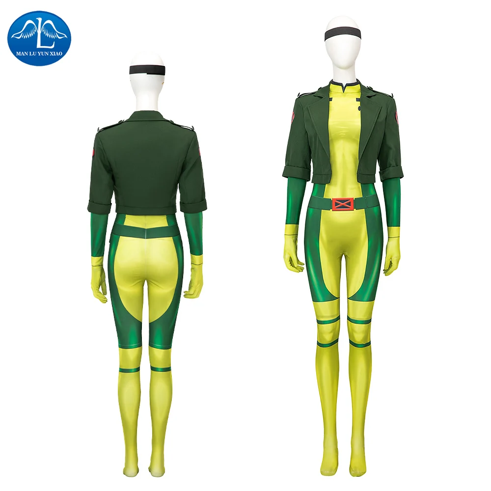 Adult Female X-Men 97 Anna Marie Rogue Costume Jumpsuits Coat Bodysuit Superhero Cosplay Suit Halloween Zentai Party