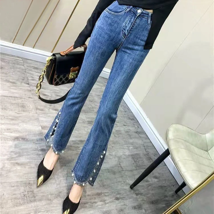 High Waist Slimming Nine-Tenths Flared Jeans Women's Summer New Sle Sequin Heat Pred Denim Pants Long Trousers