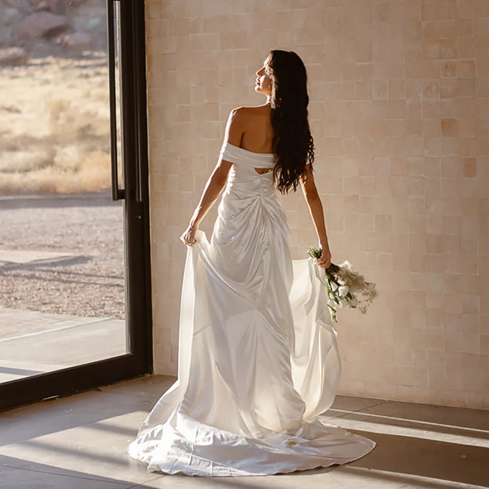Sheath Ruched Glossy Satin Unique Bridal Gowns Customized Front Leg Slit Backless Ivory Off Shoulder Wedding Dress Brush Train