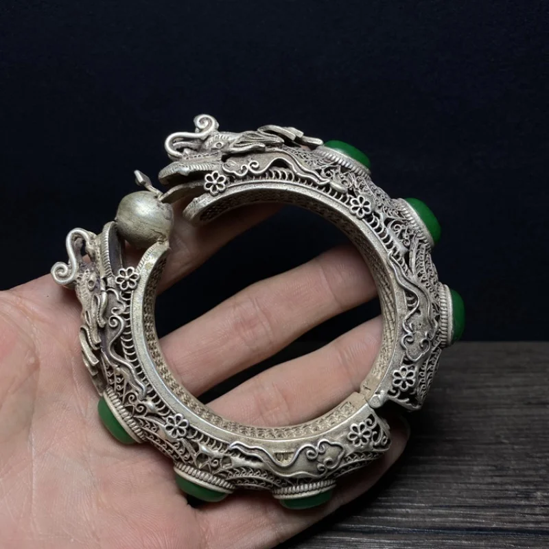 Qing Dynasty Old Silver Jewelry Hollow out Silver Bracelet Embedded in Old Jade Folk Custom Yaozhai Antique Open Transfer Bracel