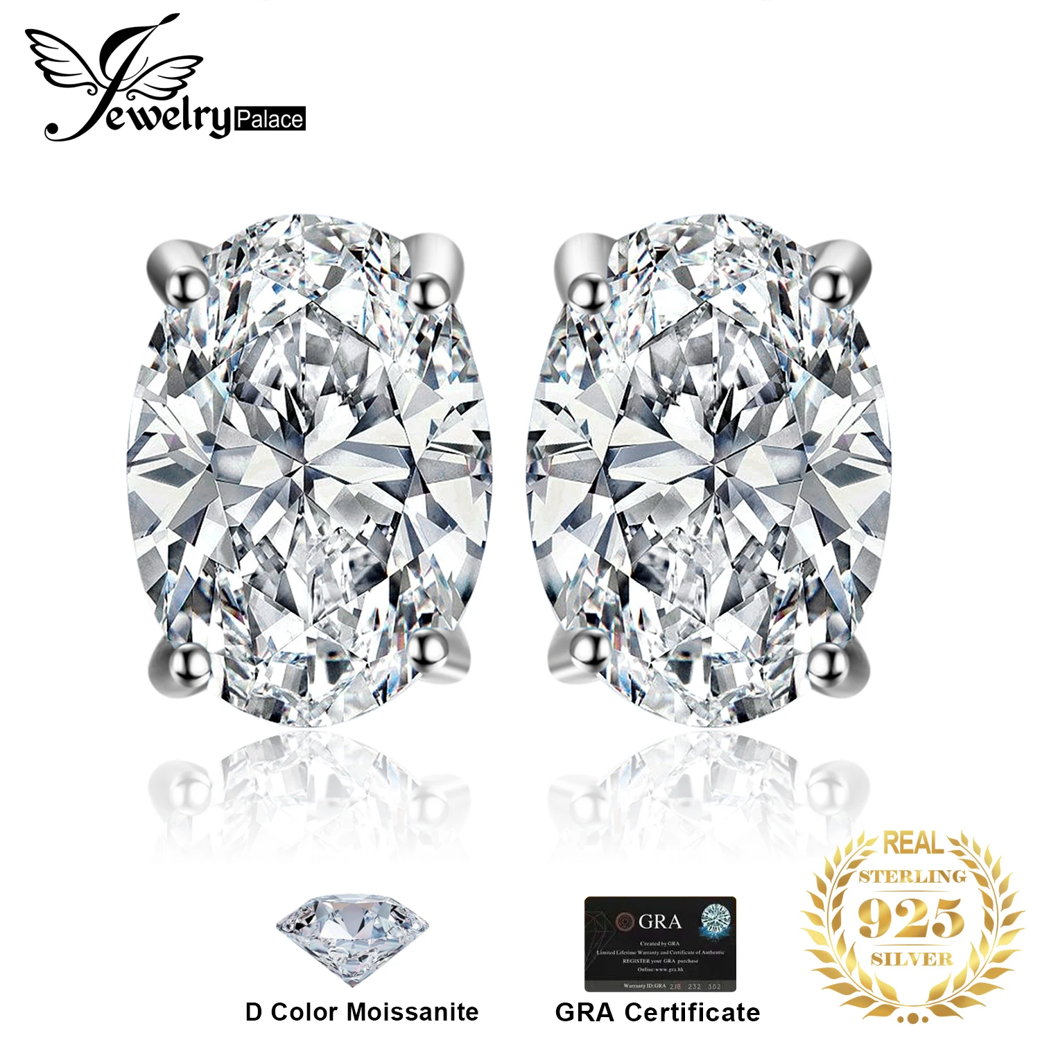 JewelryPalace Moissanite D Color Total 2ct Oval S925 Sterling Silver Stud Earrings for Woman Luxury Fine Jewelry