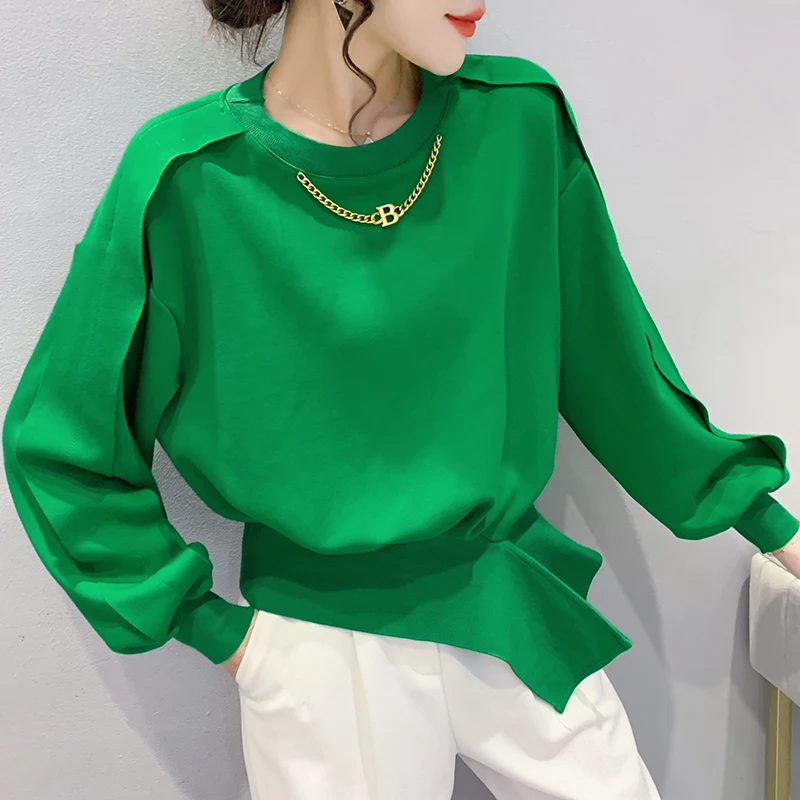 

Women Pure Colors Loose Minimalist Stylish Ins All-match Basic Round-neck Clothes Newest BF