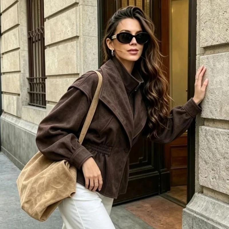 Cross-border Fashion New Women's Wear: American Retro British Style Suede and Velvet Waist-cinching Slimming Coat.Autumn Winter.