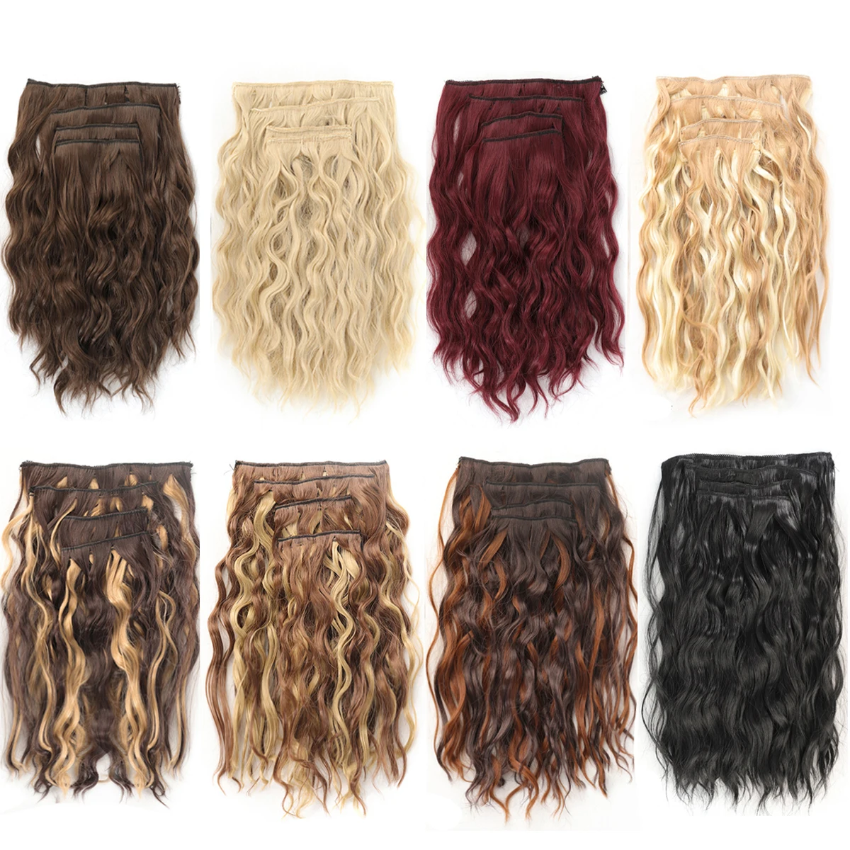short curly Synthetic Burgundy 4-piece set of water ripple hair extension wig clip in woman's clip hair accessories hairpiece