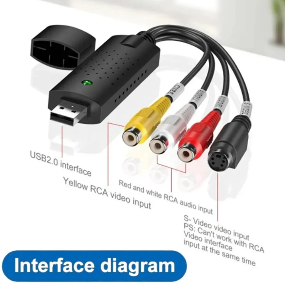 Переходник для видеозахвата USB 2,0, легко закрывающийся переходник с RCA на USB, адаптер для видео, аудио, ТВ, DVD, VHS, адаптер для захвата звука, ТВ, видео, DVR