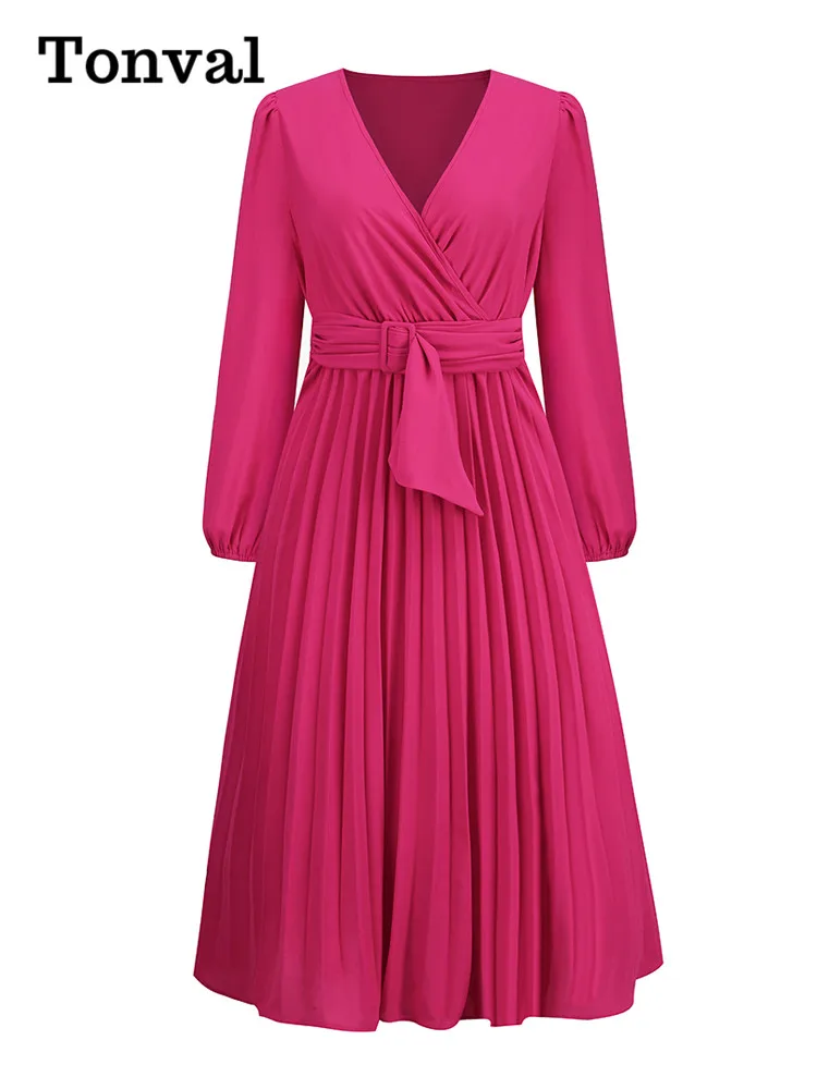 Tonval V-Neck Elegant Tea Dress 2024 Autumn Clothes for Women Bishop Sleeve Elastic Waist Pleated Solid Plain Long Dresses