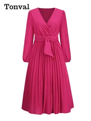 Tonval V-Neck Elegant Tea Dress 2024 Autumn Clothes for Women Bishop Sleeve Elastic Waist Pleated Solid Plain Long Dresses