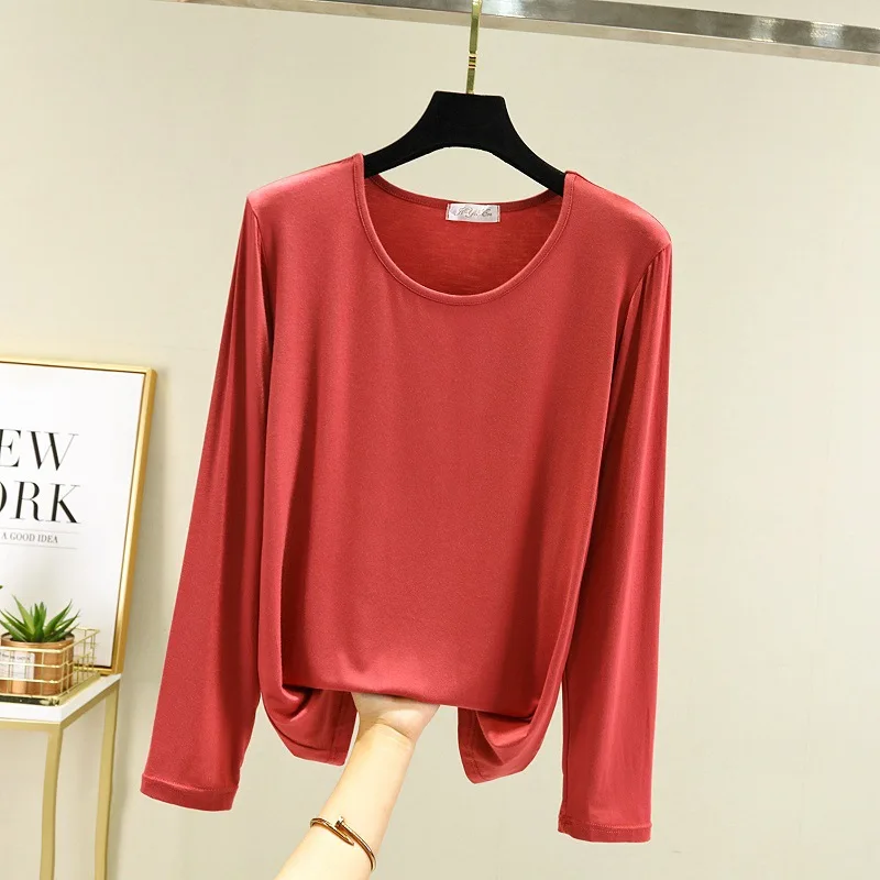Rundhals Lose Modal Herbst Top Frauen Langarm T-Shirt Einfache Feste Dünne Top