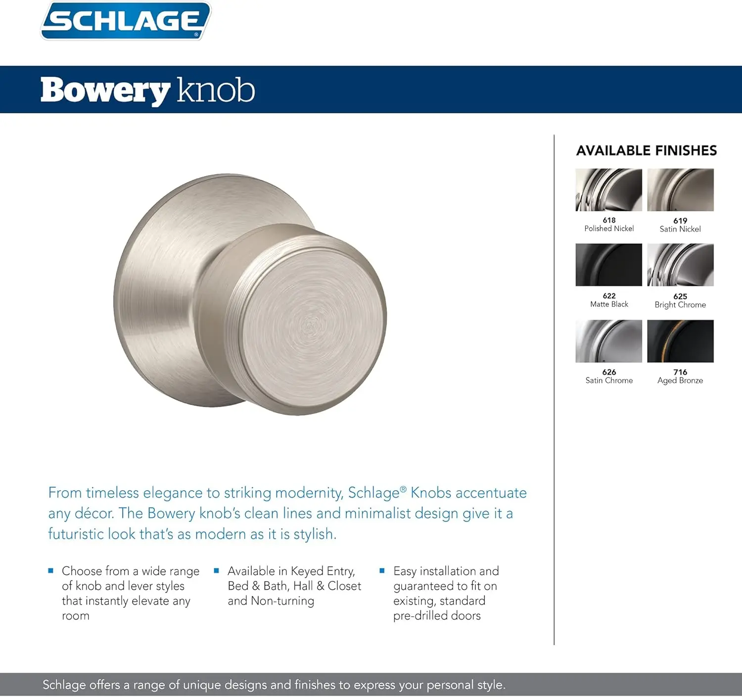 Schlage F40 BWE 619 Bowery Door Knob, Bed & Bath Privacy Lock, Satin Nickel