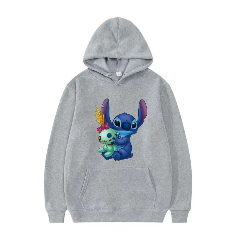 Disney Kawaii Lilo i Stitch Wzór Uniwersalny Streetwear Proste Bluzy Polarowe z Kapturem Męskie Damskie Jesienne Szare Modne Luźne Bluzy