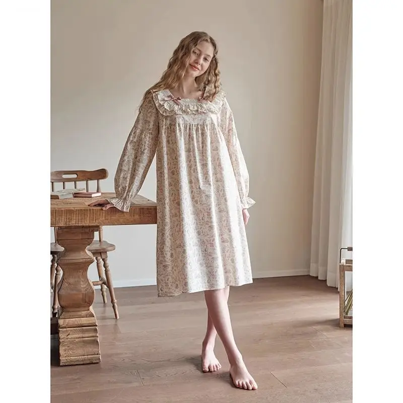 Ruffles Women Nightgown Print Sleepwear Square Collar Nightwear Korean Fashion Night Dress Long Sleeve Autumn One Piece Pajamas