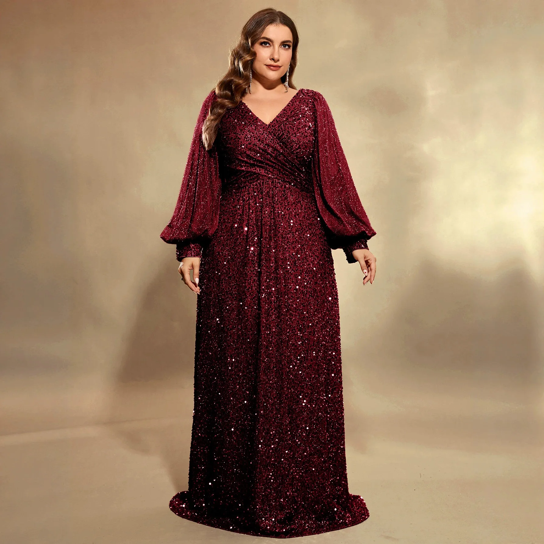 

Elegant Wine Red Full Sequin Mesh Long Gown Plunge V Cross Ruched Bodice Balloon Lantern Sleeve Flowy A Line Skirt Gala Dress