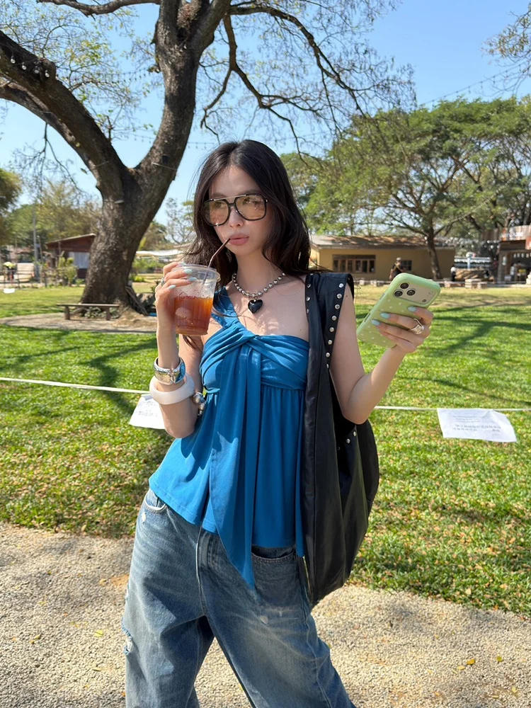 

Летняя новинка: Женская укороченная блузка SUUZOUU2026 из хлопка с плиссировкой, асимметричным разрезом и без рукавов, повседневный топ