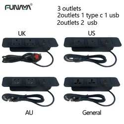 Table Hidden Sockets EU/UK/US/AU 3 Outlets 2 USB Embedded Power Bedside Table Row Office Desktop 10A 110V 220V Black Socket