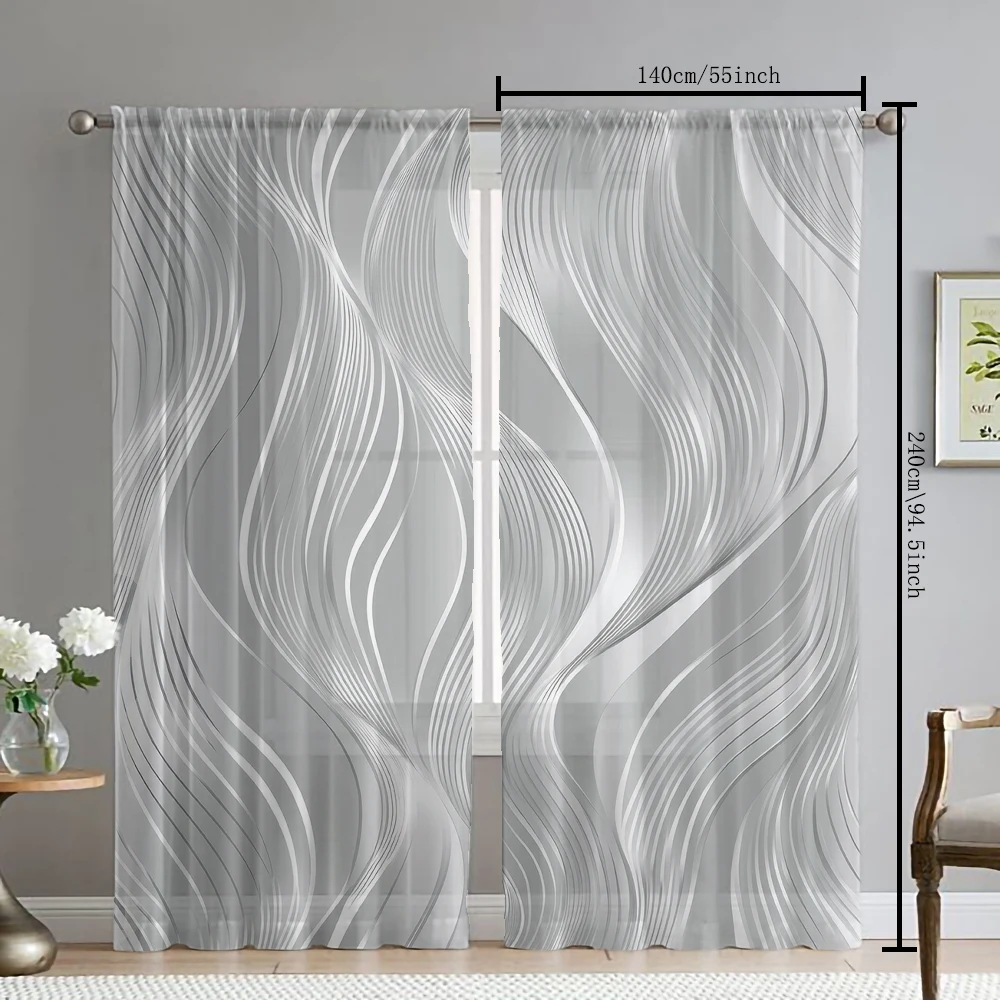 2Pcs Gray Background Silver Wave Pattern Print Home Decoration Window Screens Suitable For Kitchen, Coffee Shop, Restaurant