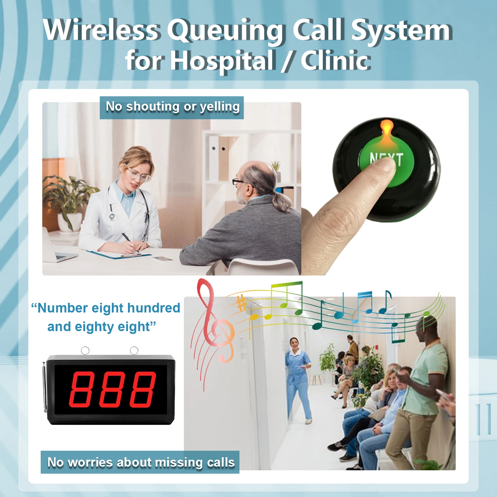 Take A Number Machine Restaurant Wireless Calling Queue Management System 3 Digits LED Counter Screen with 2 Next Control Button