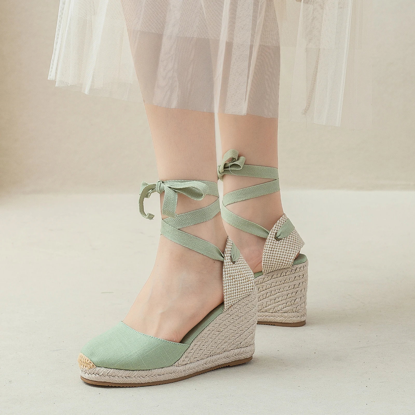 Cap Toe Platform Wedges Sandals for Women, Classic Soft Ankle-Tie Lace up Espadrilles Shoes