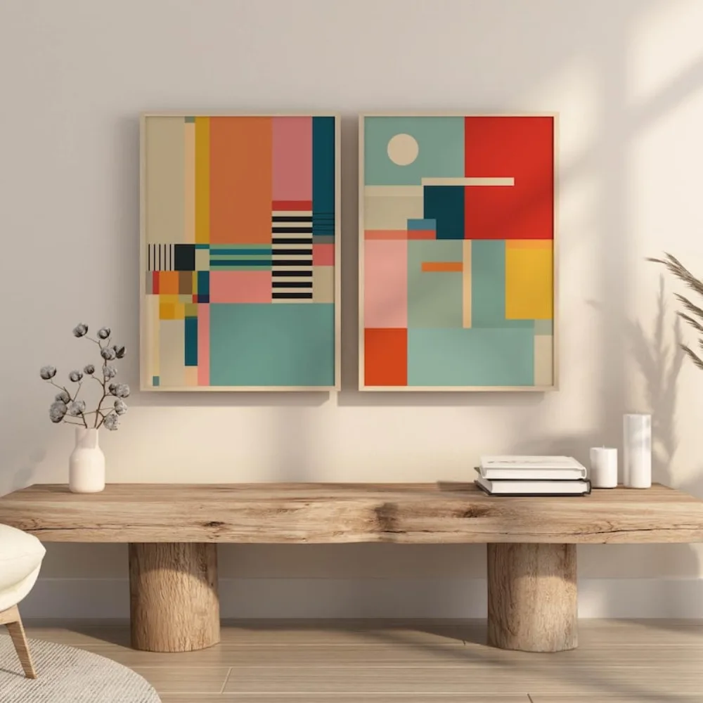 Frameless,Color Abstract Digital Prints,Modern Geometric Art in Bold Pastels,Minimalist Living Room Bedroom Wall  Art Decoration