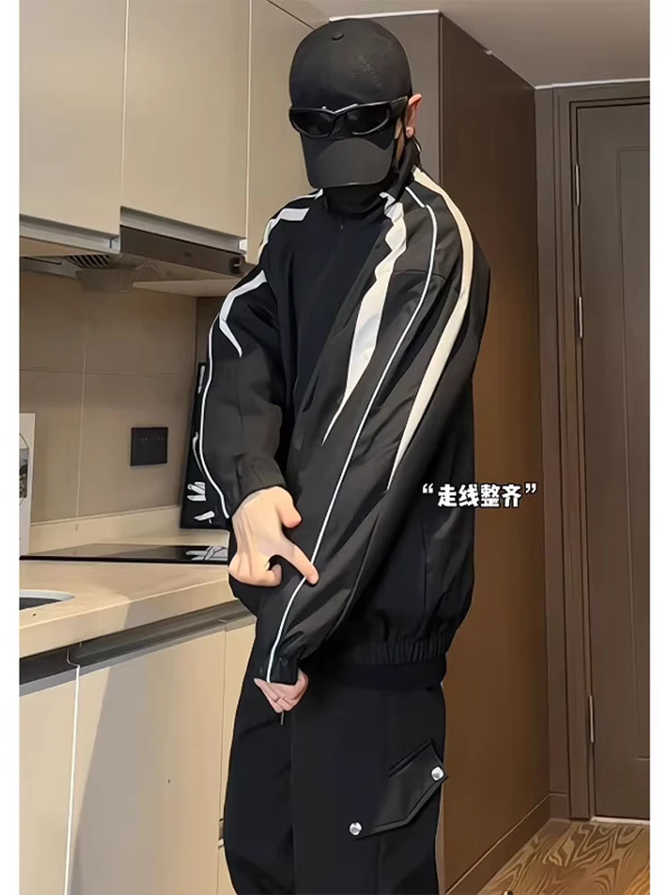 American Style Sporty Men's Jacket Waterproof Outdoor Casual Spring Design Color Block Stand Collar Leisure Coat for Men