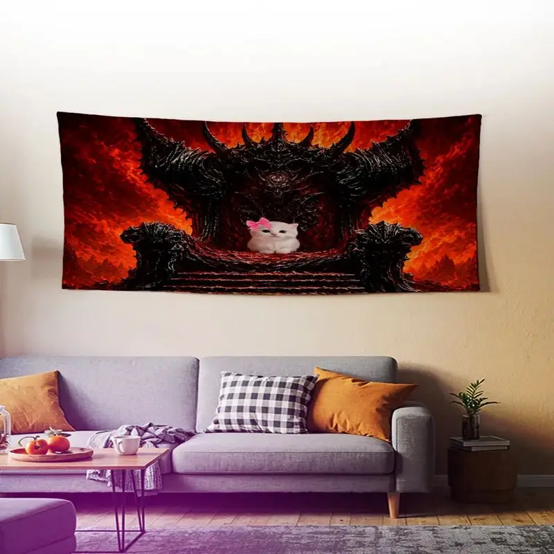 VIKAMA Kitten Demon Throne Pink Decorative Tapestry Wall Art for Girls Room Aesthetic Cute Kawaii Funky Colorful Home Decor