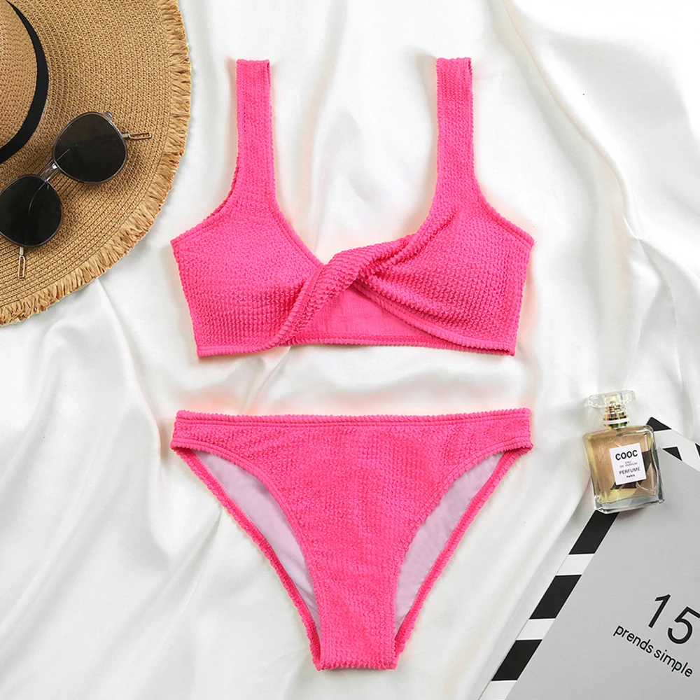 Cikini-Wavy Cloth Bikinis Set for Women, Twist Wrap, Split Swimsuit, Wrinkled, Beach Swimwear, Bathing Suit, Summer, 2022