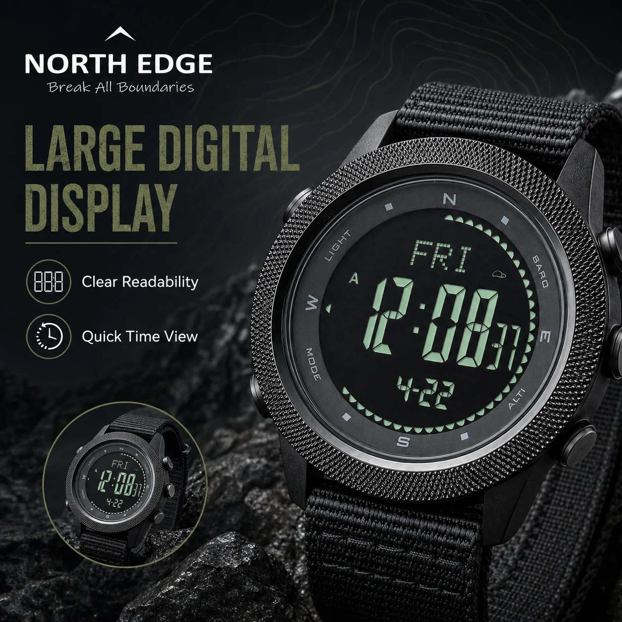 NORTH EDGE Apache-46 NEW Men's Outdoor Digital Watch,Built-In Altimeter, Barometer, Digital Compass, Long Battery Life