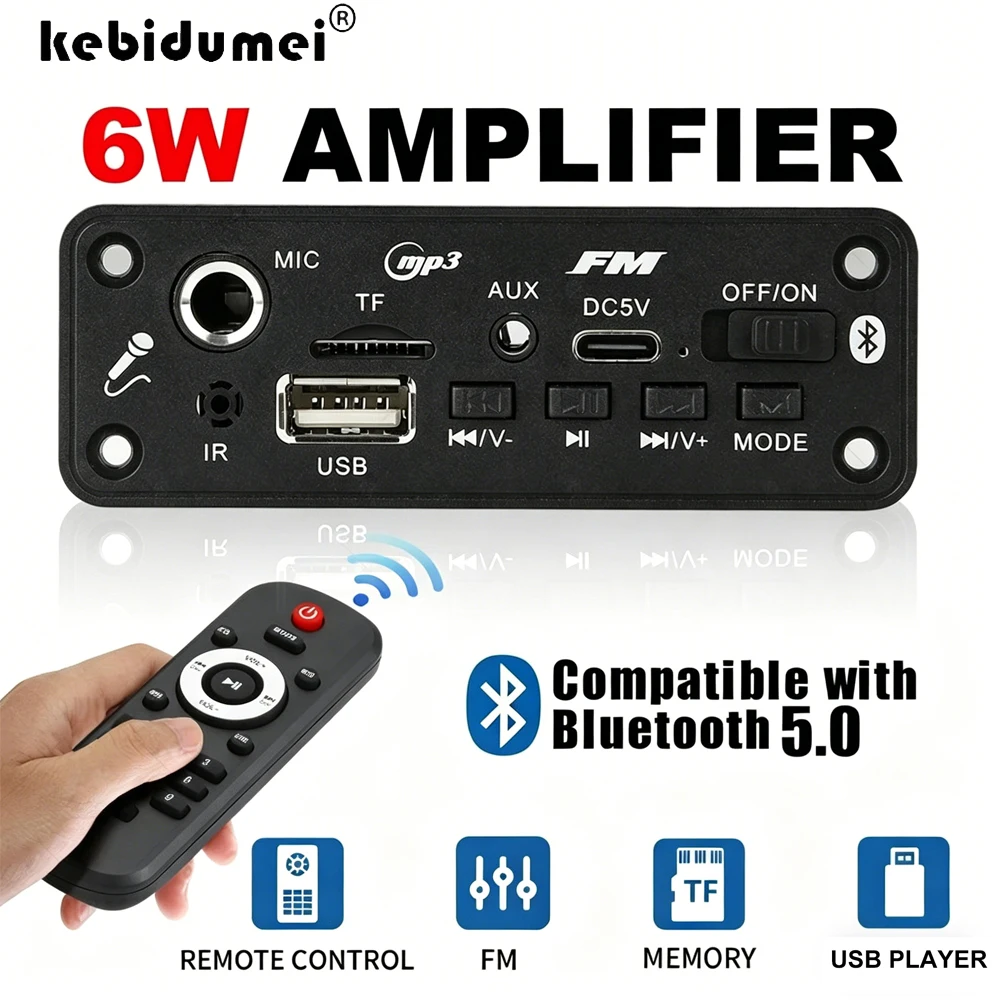 KEBIDUMEI DC 5V Bluetooth 5.0 MP3 Decoder Board 6W Amplifier MP3 Player Support Call Recording 3.5mm USB TF FM for Car Speaker