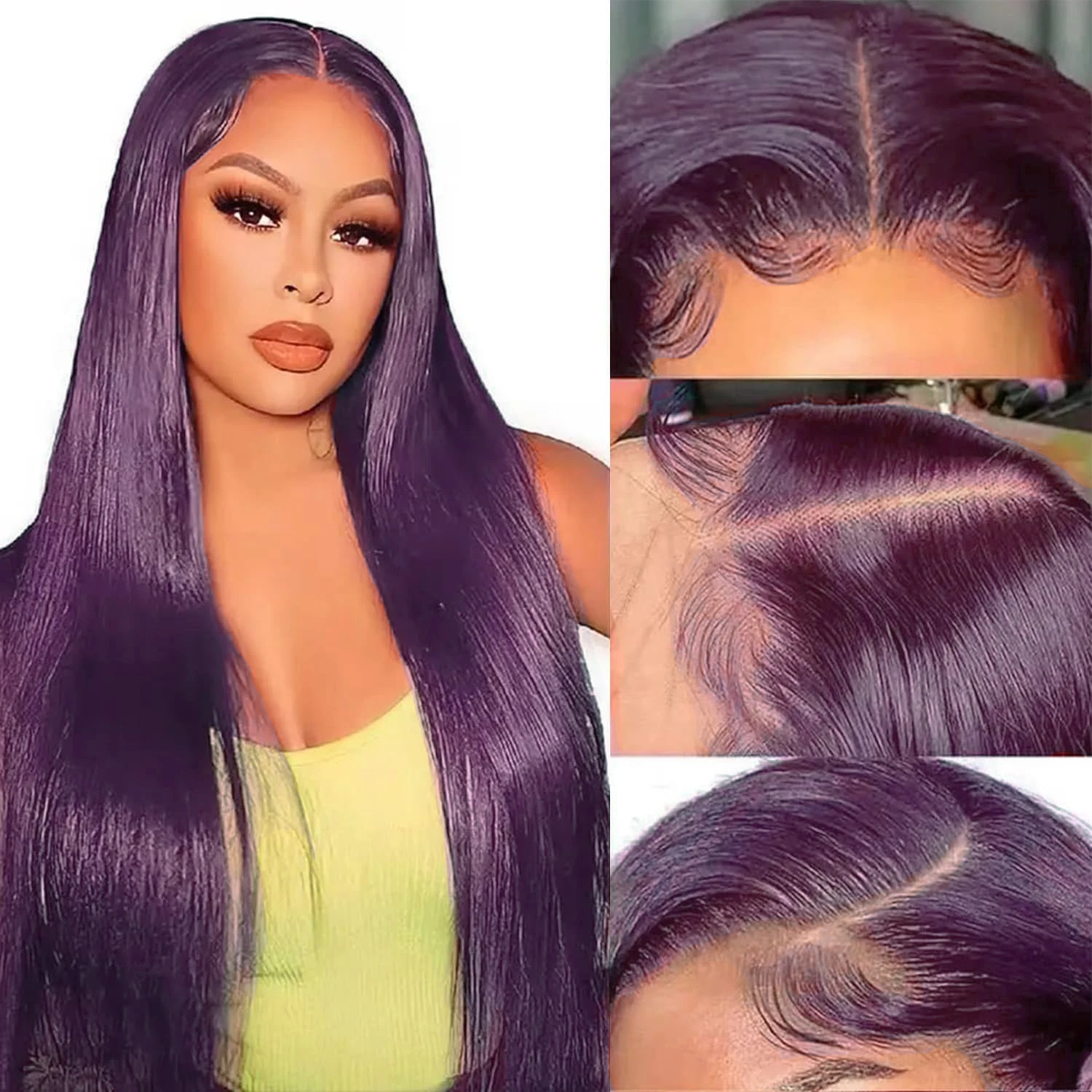 Deep Purple Straight Lace Front Wigs Dark Burgundy HD Transparent Lace Wigs Synthetic Glueless Pre Plucked with Baby Hair Wigs