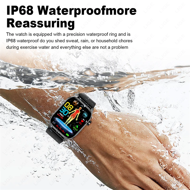 LIGE ECG Smartwatch SOS Bluetooth Call Waterproof Sports Smart Watch 2.04\'\' HD Screen Men Health Monitoring Bracelets For Xiaomi