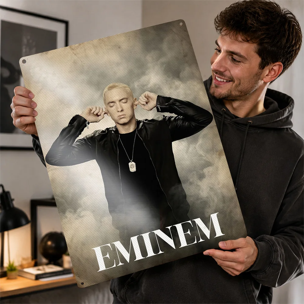 Eminem Portrait With Hands Over Ears Printed Poster Customized Metal Sign Album Era Tribute Wall Art Enhances Listening Lounge