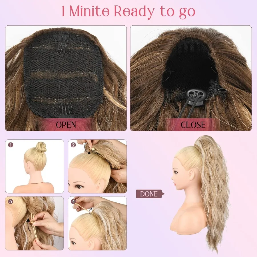 HOOJIH ذيل حصان تمديد الرباط ذيل حصان وصلات شعر 26 بوصة طويلة مجعد متموج ذيل حصان الطبيعية متموجة الاصطناعية هيربيسي