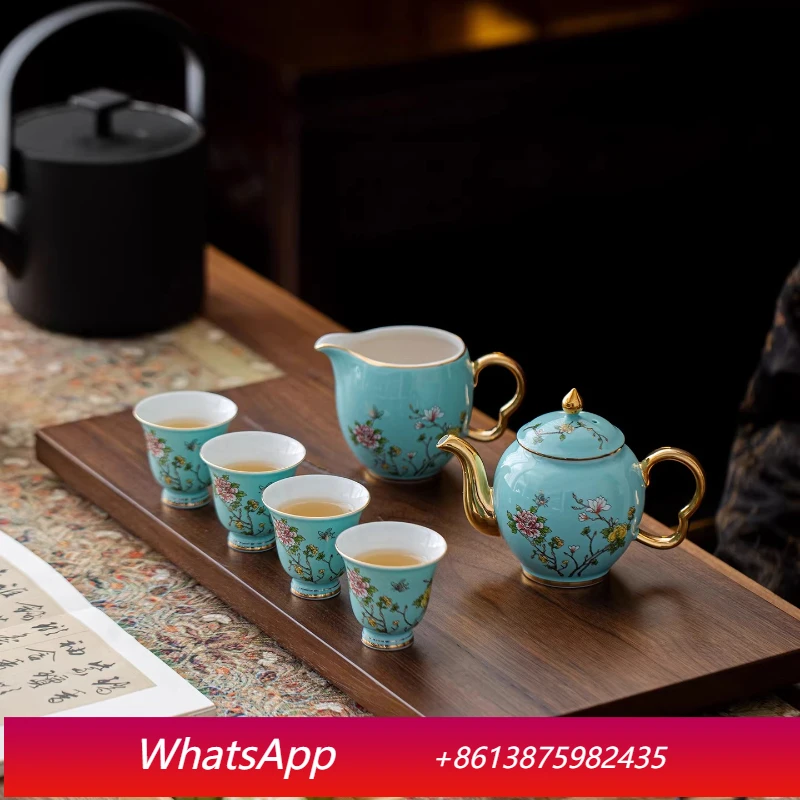

YJQ ceramic kung fu tea set high-end gift box set simple style Chinese light luxury household West Lake blue