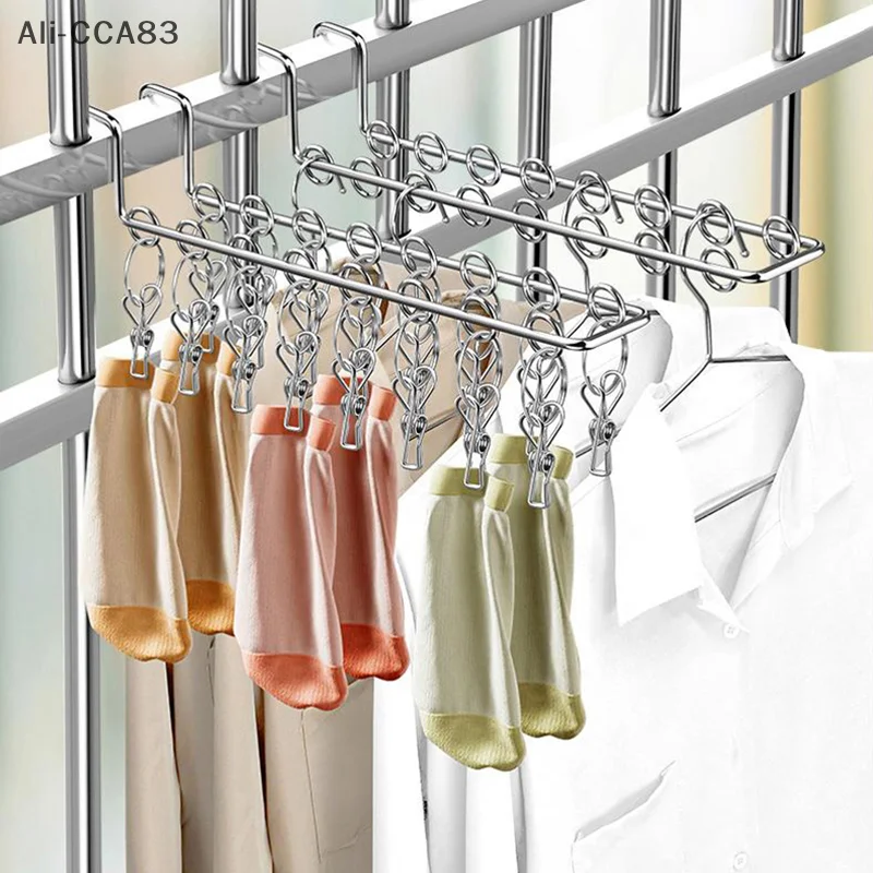 

10/16 Clips Sock Drying Rack Wall-Mounted Stainless Steel Underwear Drying Rack Durable With Detachable Clips Space Saving