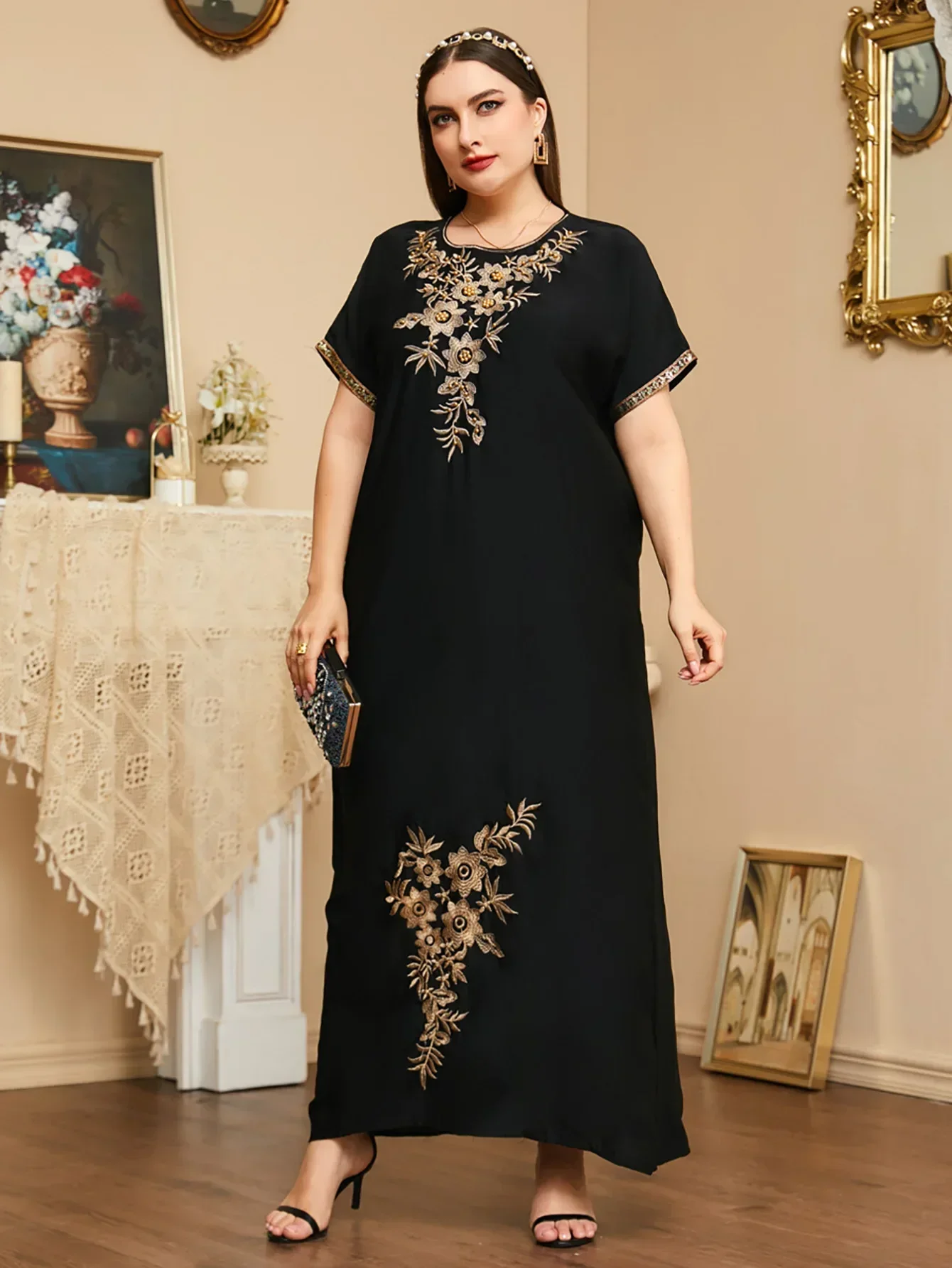 Novo verão miçangas bordado abaya para vestido muçulmano feminino marroquino kaftan roupas islâmicas manga curta solta robe islâmico árabe