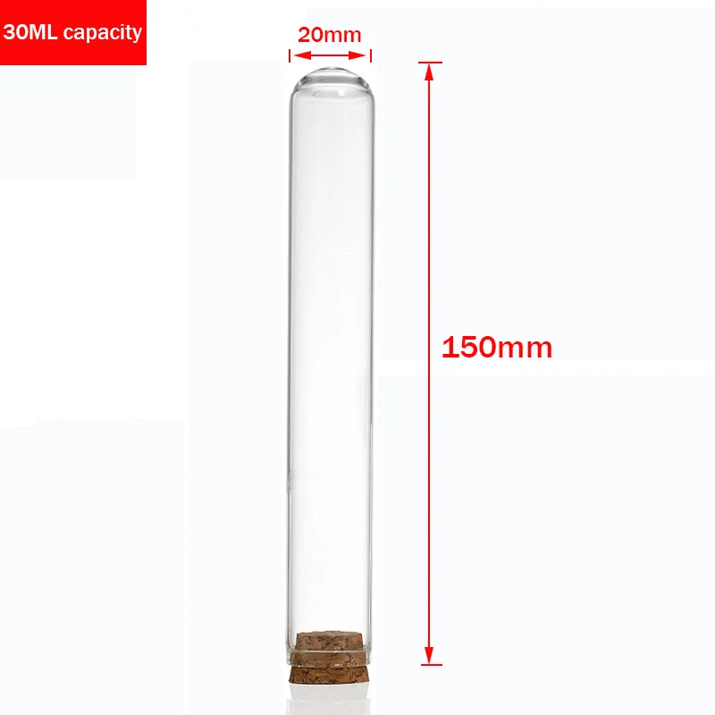 Tubo de ensayo de plástico transparente de laboratorio con tapa de corcho, suministros para estudiantes, regalo de boda, 20x150mm, 30ML de capacidad