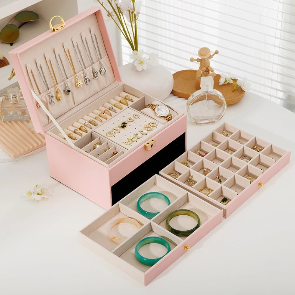 Three-layer Jewelry Storage Box PU Leather Earring & Necklace Storage​ Jewelry Organizer with Key​ Jewelry Display Case​