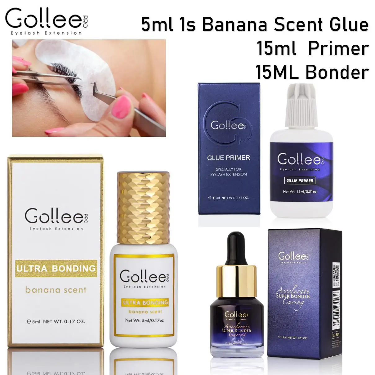 

Gollee Banana Scent Eyelash Extension Glue Lash Primer Super Bonder 1 Sec Fast Drying 6-8 Week Black Adhesive Professional Use