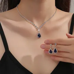 2 Pcs Set Blue Crystal Stone Denpent Necklace Bracelet With Dazzling Cubic Zircon Romantic Daily Wear Jewelry Girl Gift