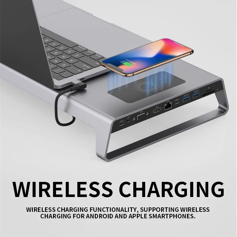 Aluminum Alloy Laptop Stand with USB-C Hub (Includes Wireless Charger) for Laptops Features HDMI 4K Adapter, SD/TF Card Reader,