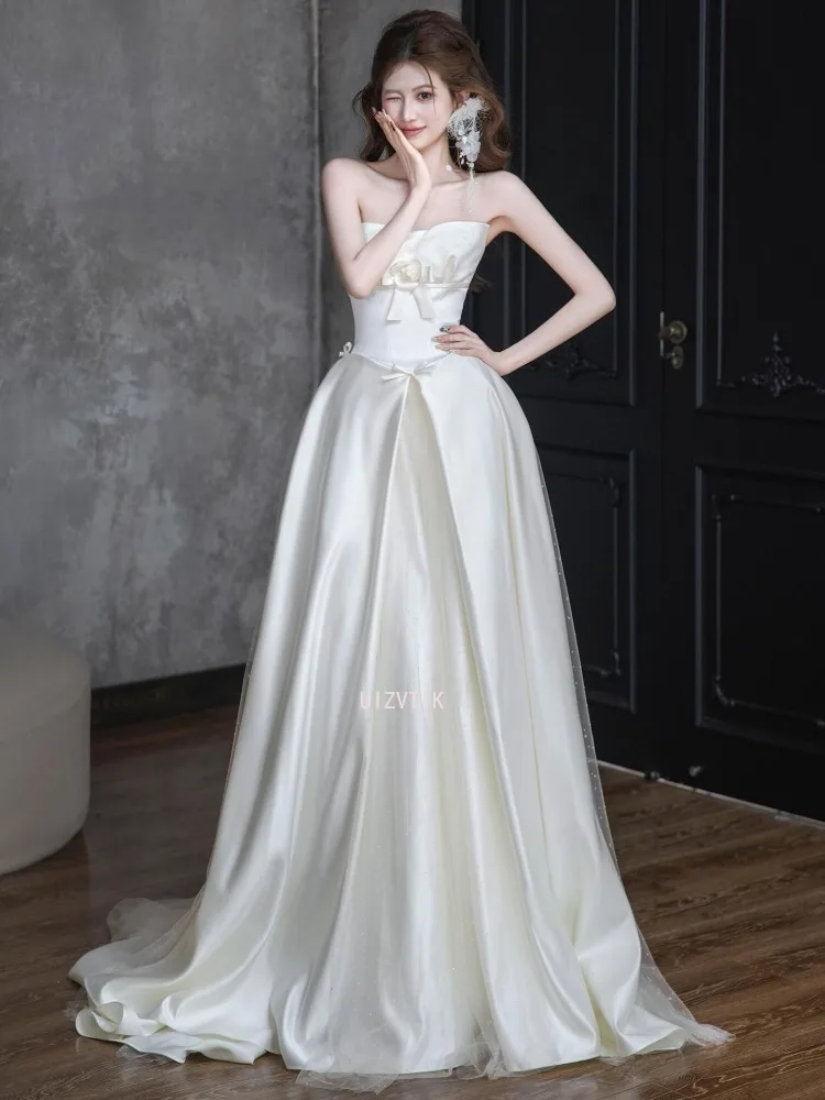 Simples coreia sem alças a linha vestidos de casamento longo cetim de seda vestido de noiva sessão de fotos elegante personalizado espartilhos volta vestido de baile