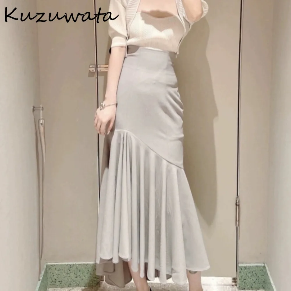 Kuzuwata Simple Elegant Fungus Irregular Women's Skirt High Waist All-match Mermaid Faldas Japan Bodycon Slim High Street Mujer