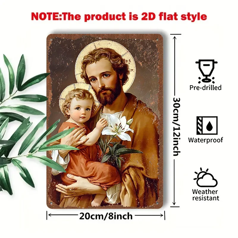 2D Flat - 1pc 2D[Flat] Metal Sign Retro Tin Painting, Depicting a Kind Man Holding a Baby, Holding Lilies, with a Warm Brown Bac