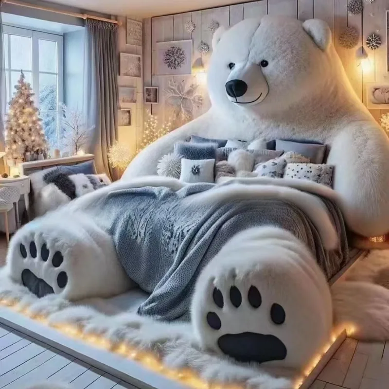 Large two-dimensional, monster bed, leather fabric plush light luxury minimalist cream bed