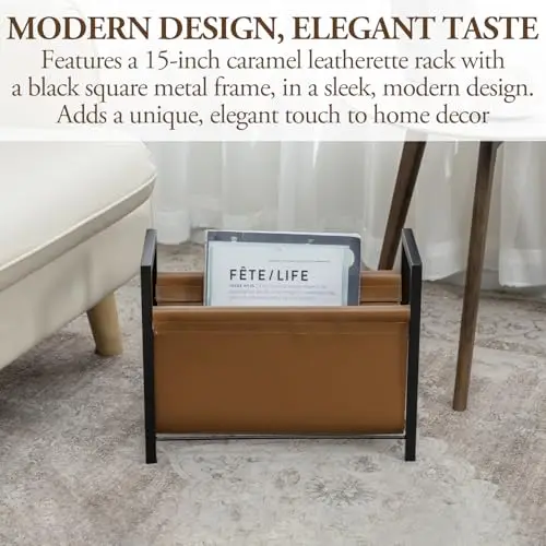 

15-Inch Caramel Faux Leather Magazine Rack With Sleek Black Square Metal Frame For Living Room Office Bathroom Storage
